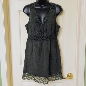 Free People Distressed Grey/Green Lace Inset Sleeveless Dress w/Buttons, Size S